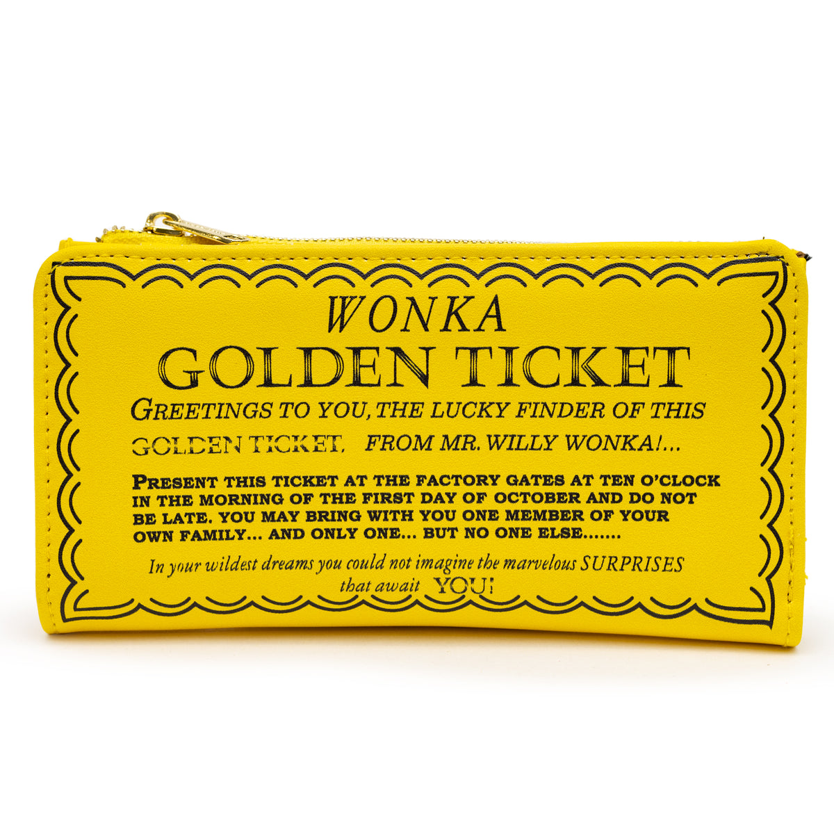 Willy Wonka Wallet, Fold Over, Snap Pouch, Chocolate Factory Golden Ticket Text, Yellow, Vegan Leather Clutch Snap Closure Wallets Willy Wonka and the Chocolate Factory