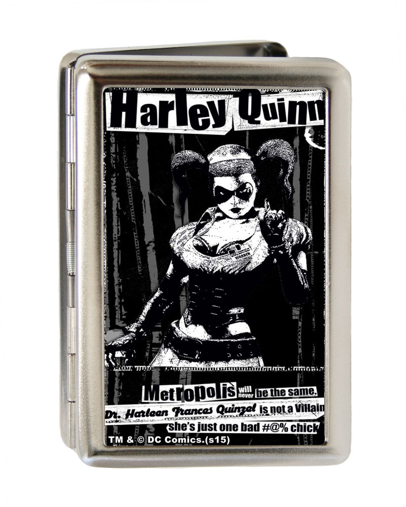 Business Card Holder - LARGE - HARLEY QUINN Pose METROPOLIS WILL NEVER BE THE SAME FCG Black Grays White Metal ID Cases DC Comics   