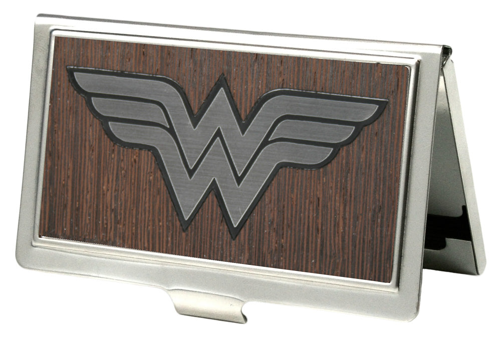 Business Card Holder - SMALL - Wonder Woman Logo Marquetry Black Walnut Metal Business Card Holders DC Comics   