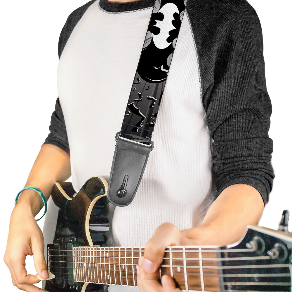 Guitar Strap - BATMAN w Bat Signals & Flying Bats Black White Guitar Straps DC Comics   