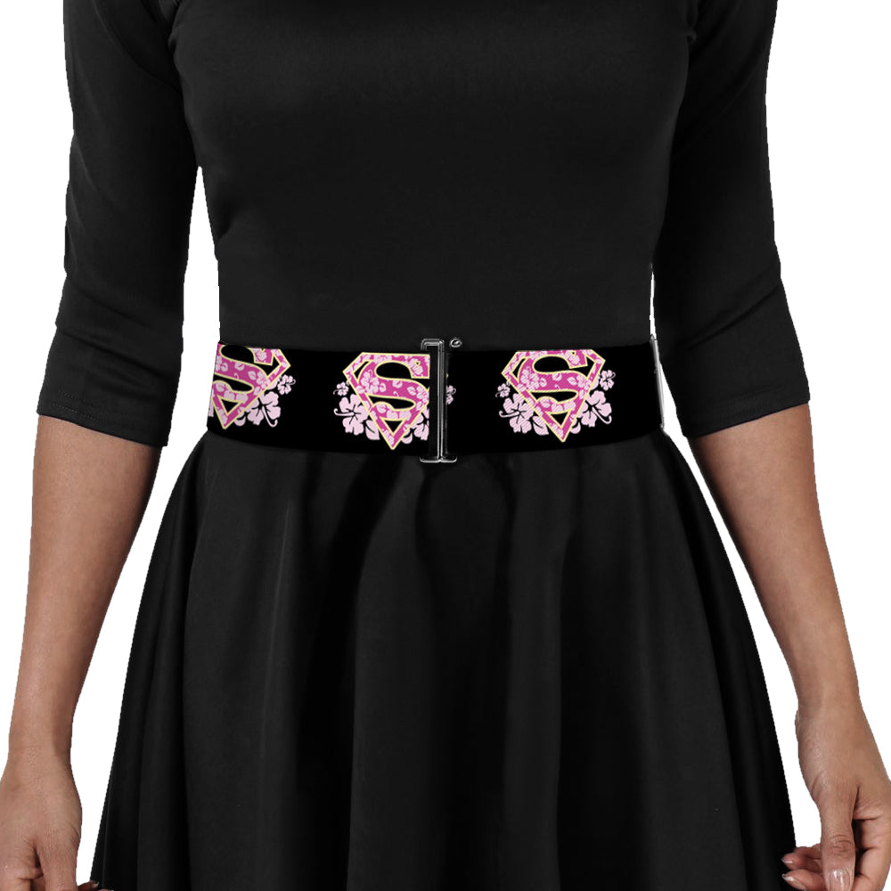 Cinch Waist Belt - Super Shield Hibiscus Design Black Pink Womens Cinch Waist Belts DC Comics   