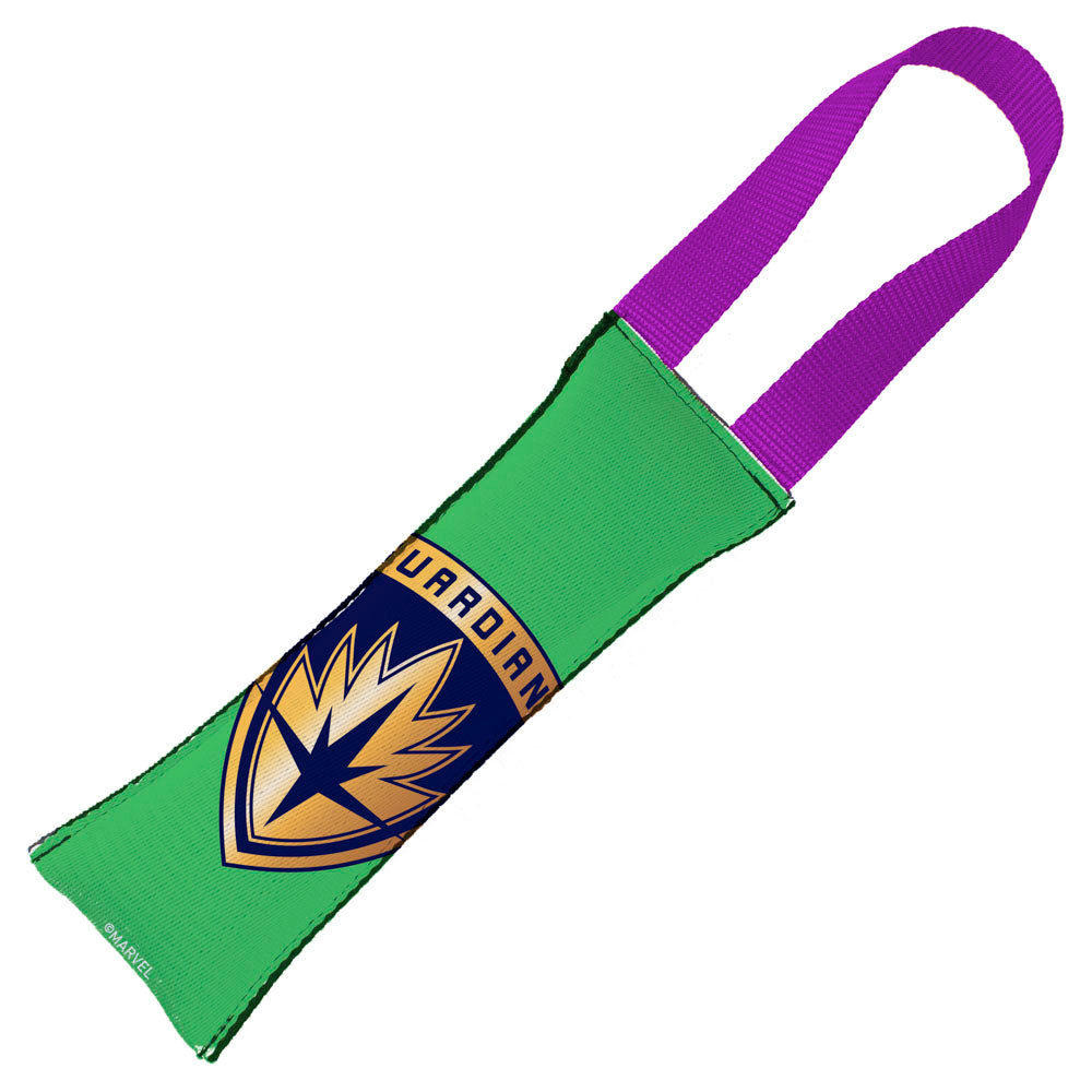 GUARDIANS OF THE GALAXY Dog Toy Squeaky Tug Toy - Groot Pose + GUARDIANS Shield Badge CLOSE-UP Green Purple - Purple Webbing Dog Toy Squeaky Tug Toy Marvel Comics   
