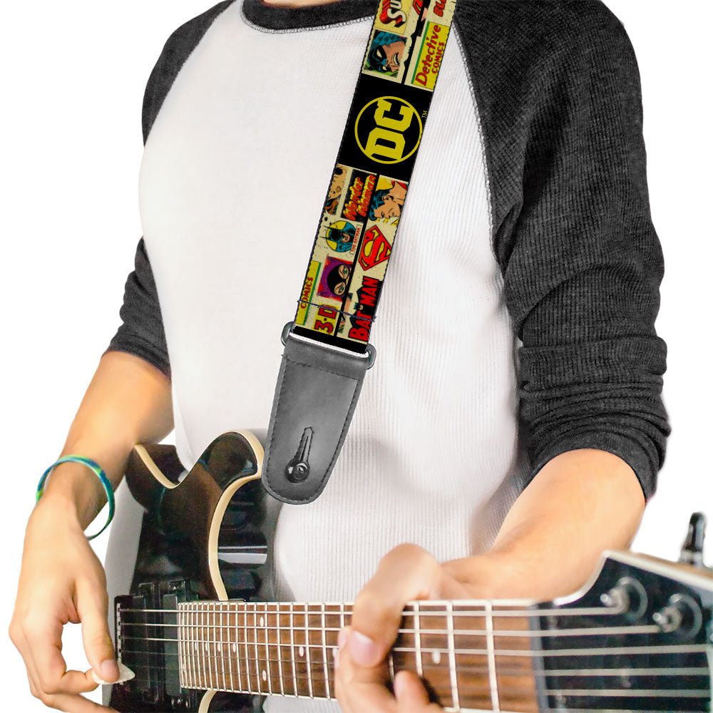 Guitar Strap - Vintage DC Comics Superhero and Logos Collage Black Guitar Straps DC Comics   