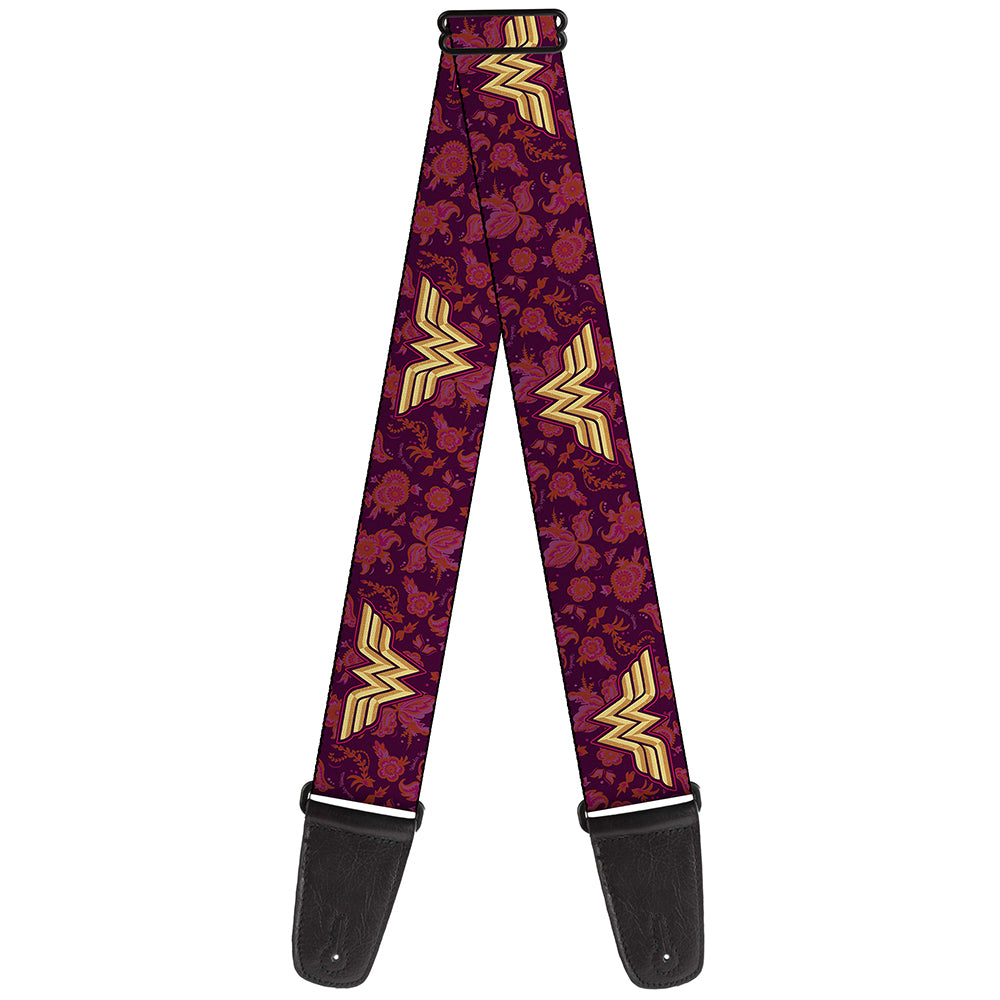 Guitar Strap - Wonder Woman Logo Floral Collage Purple Pinks Gold Guitar Straps DC Comics   