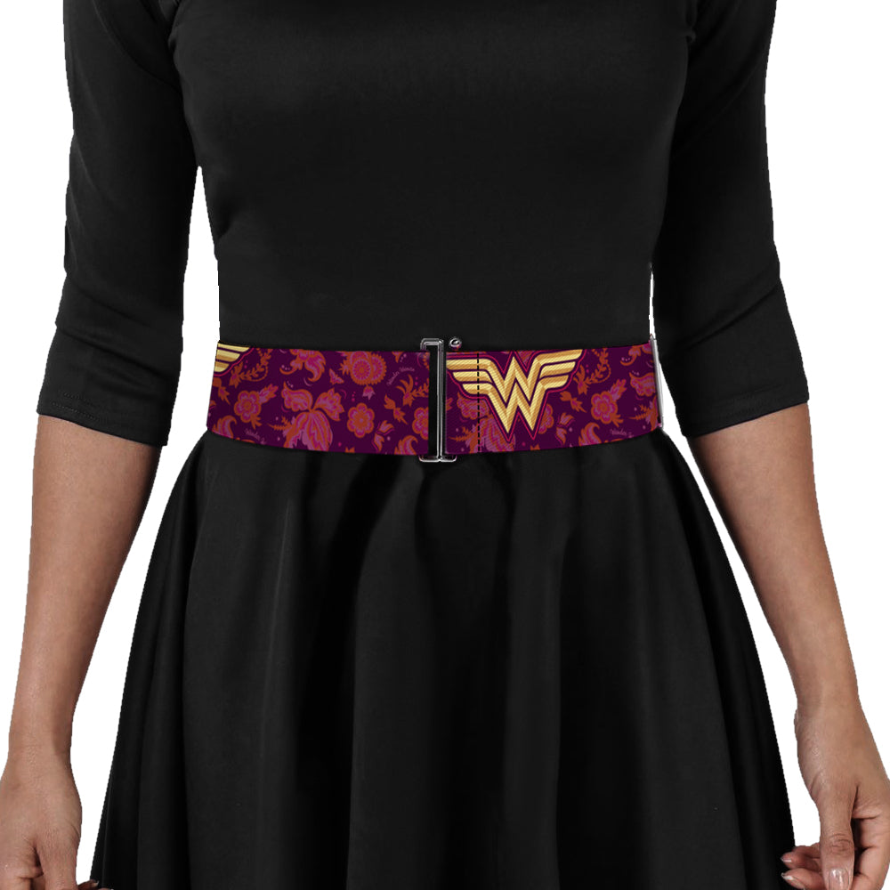 Cinch Waist Belt - Wonder Woman Logo Floral Collage Purple Pinks Gold Womens Cinch Waist Belts DC Comics   