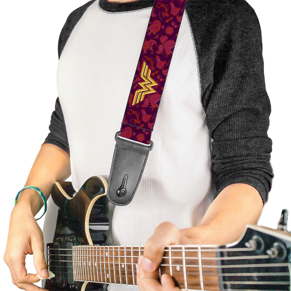 Guitar Strap - Wonder Woman Logo Floral Collage Purple Pinks Gold Guitar Straps DC Comics   
