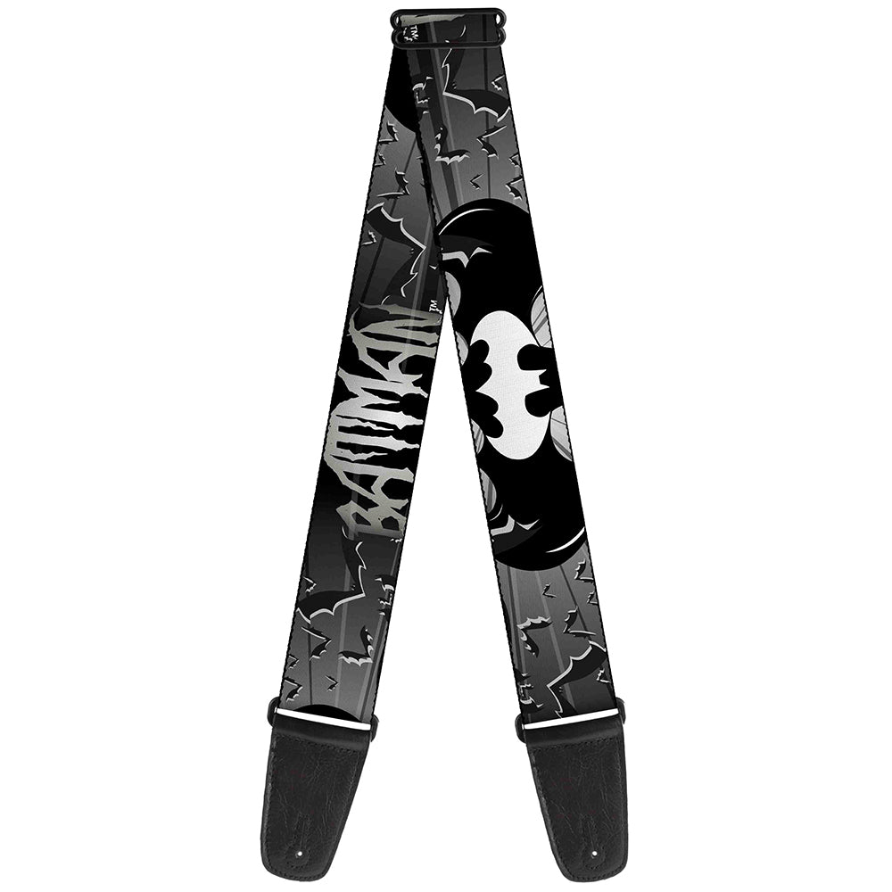 Guitar Strap - BATMAN w Bat Signals & Flying Bats Black White Guitar Straps DC Comics   