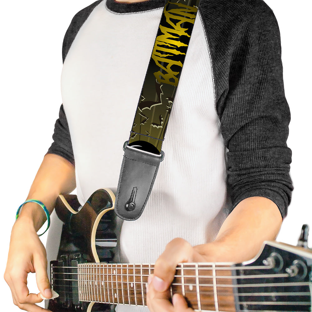 Guitar Strap - BATMAN w Bat Signals & Flying Bats Yellow Black White Guitar Straps DC Comics   