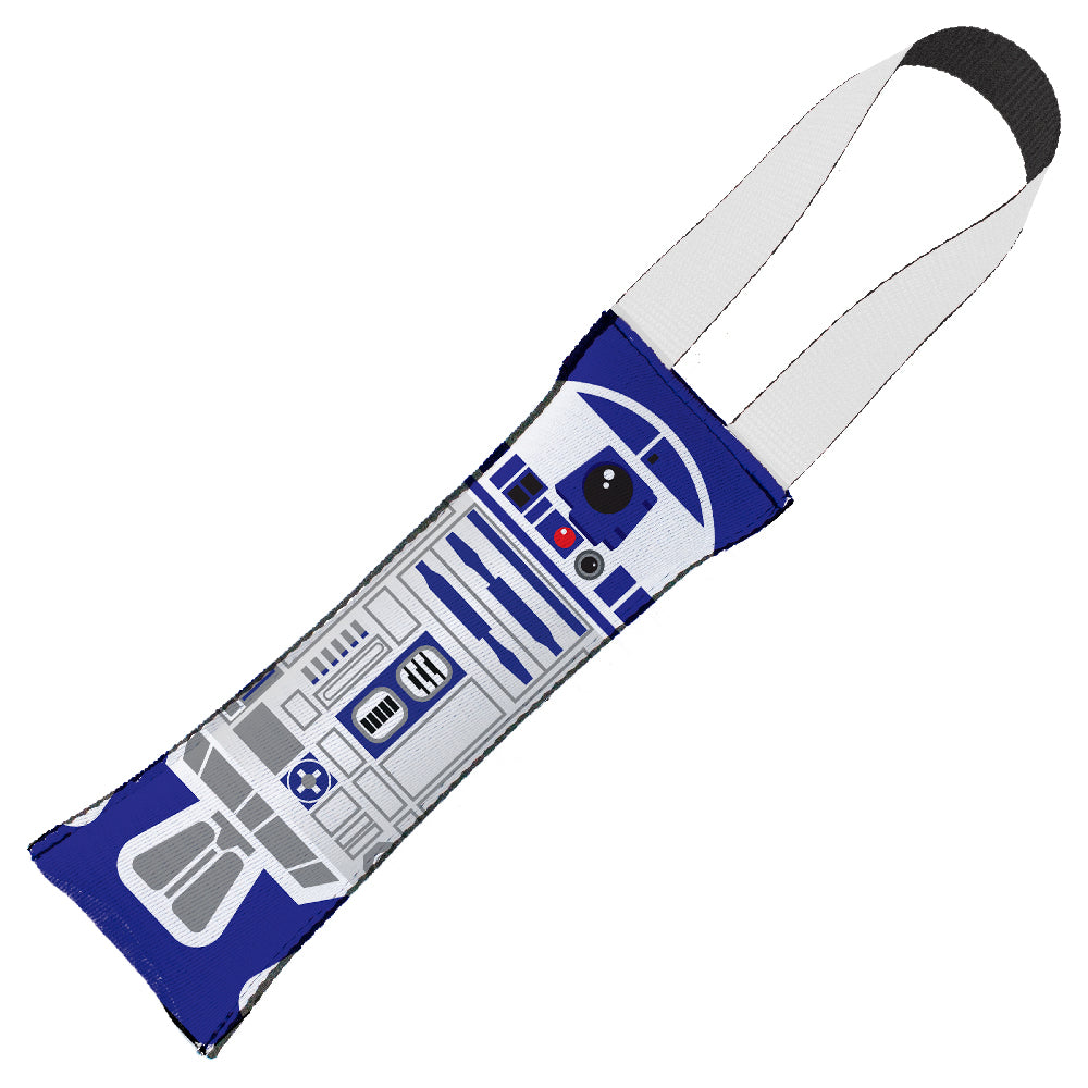Dog Toy Squeaky Tug Toy - Star Wars R2-D2 Front View + Side View - White Handle Webbing Dog Toy Squeaky Tug Toy Star Wars   
