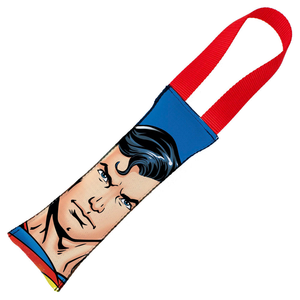 Dog Toy Squeaky Tug Toy - Superman Face + Shield Icon CLOSE-UP Blue Red - RED Webbing Dog Toy Squeaky Tug Toy DC Comics   