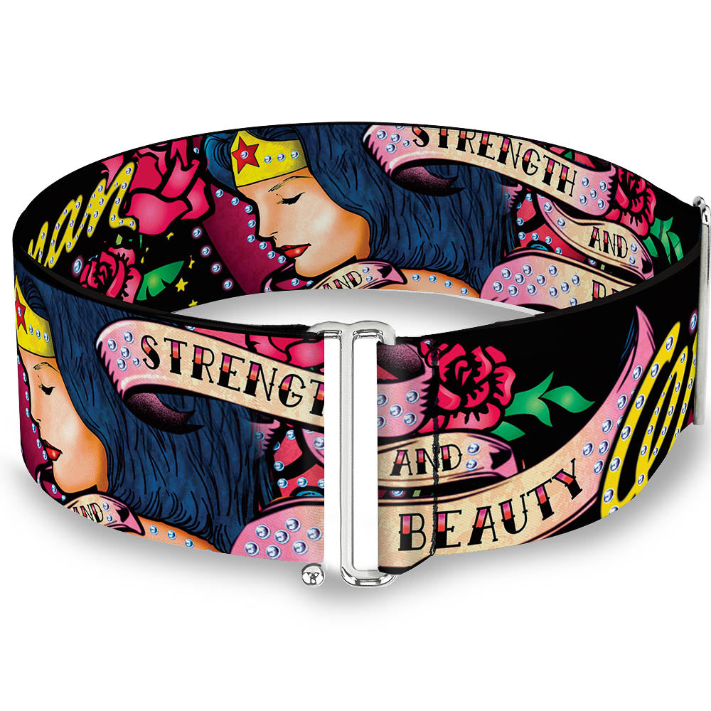 Cinch Waist Belt - WONDER WOMAN Roses STRENGTH AND BEAUTY Black-Pink Fade Womens Cinch Waist Belts DC Comics   