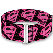 Cinch Waist Belt - Diagonal Superman Logo w Hearts Black Pink Womens Cinch Waist Belts DC Comics   