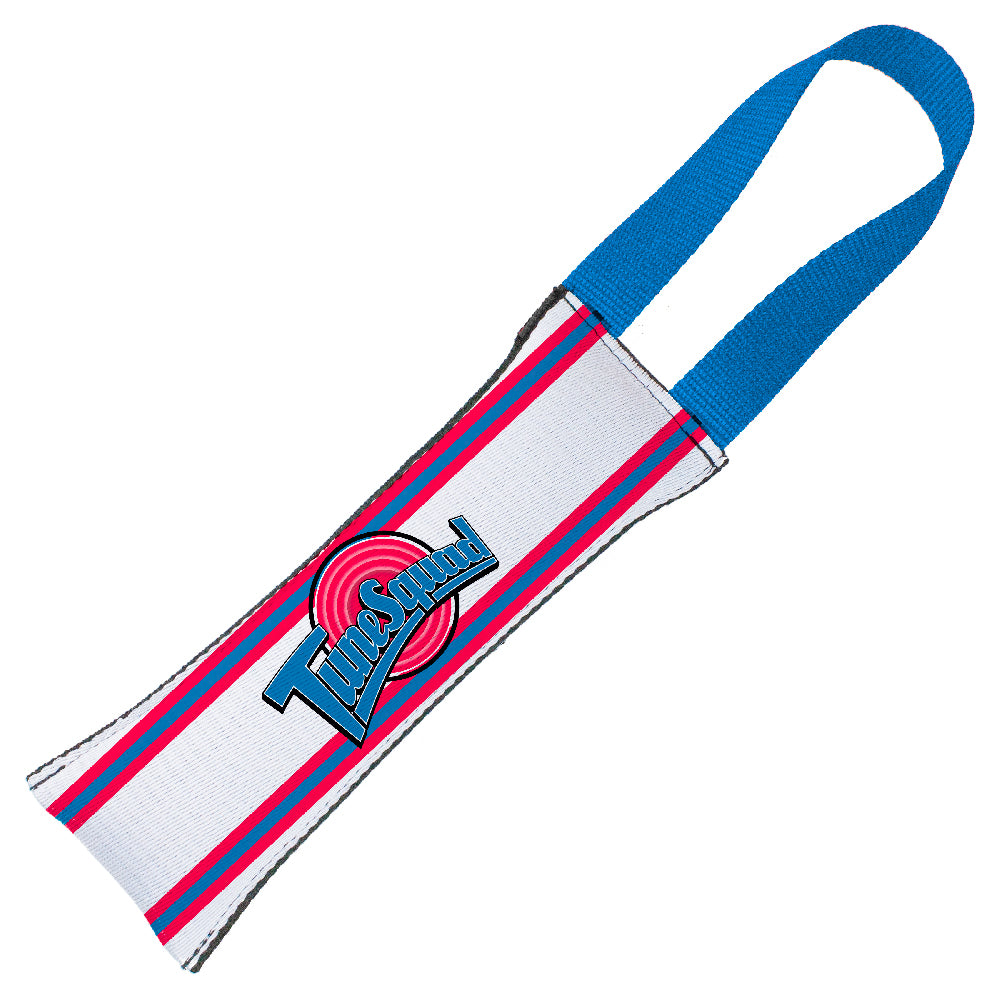 Dog Toy Squeaky Tug Toy - Space Jam TUNE SQUAD Logo Stripe White Red Blue - BLUE Handle Webbing Dog Toy Squeaky Tug Toy Looney Tunes   