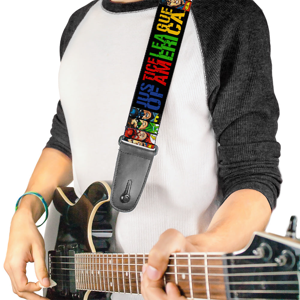 Guitar Strap - JUSTICE LEAGUE OF AMERICA w Superhero Blocks Black Multi Color Guitar Straps DC Comics   