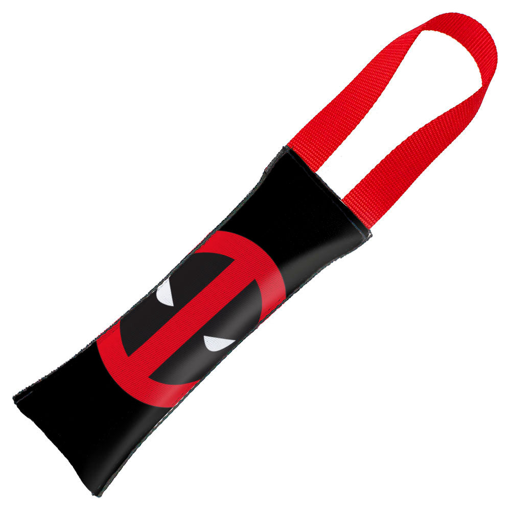 MARVEL DEADPOOL Dog Toy Squeaky Tug Toy - Deadpool Face + Deadpool Icon CLOSE-UP Black Red - Red Webbing Dog Toy Squeaky Tug Toy Marvel Comics   