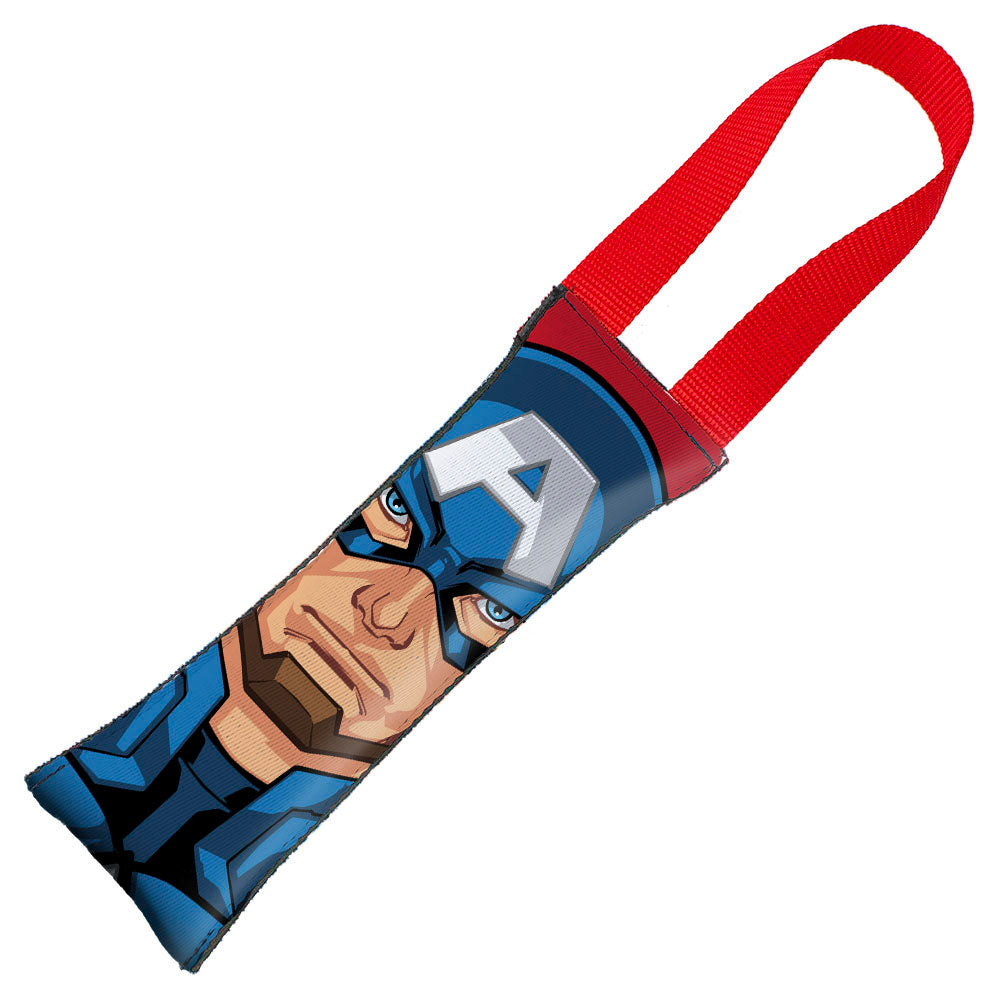 MARVEL AVENGERS Dog Toy Squeaky Tug Toy - Captain American Face + Shield Icon CLOSE-UP Red Red - Red Webbing Dog Toy Squeaky Tug Toy Marvel Comics   