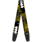 Guitar Strap - BATMAN w Bat Signals & Flying Bats Yellow Black White Guitar Straps DC Comics   