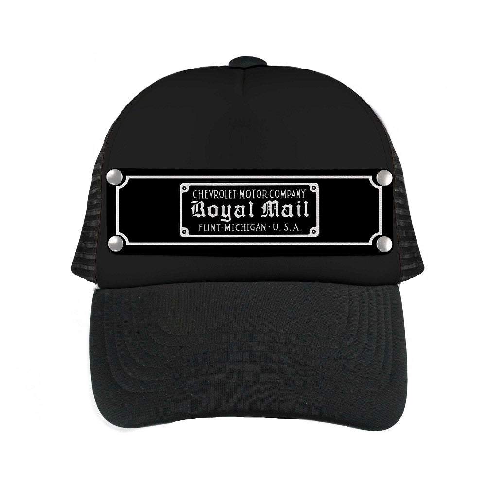 Embellishment Snap Back Hat BLACK - Full Color Strap - CHEVROLET MOTOR COMPANY ROYAL MAIL Badge Black White Trucker Hats GM General Motors   