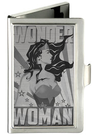 Business Card Holder - SMALL - WONDER WOMAN Pose Stars & Rays Brushed Silver Business Card Holders DC Comics   