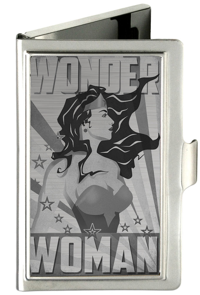 Business Card Holder - SMALL - WONDER WOMAN Pose Stars & Rays Brushed Silver Business Card Holders DC Comics   