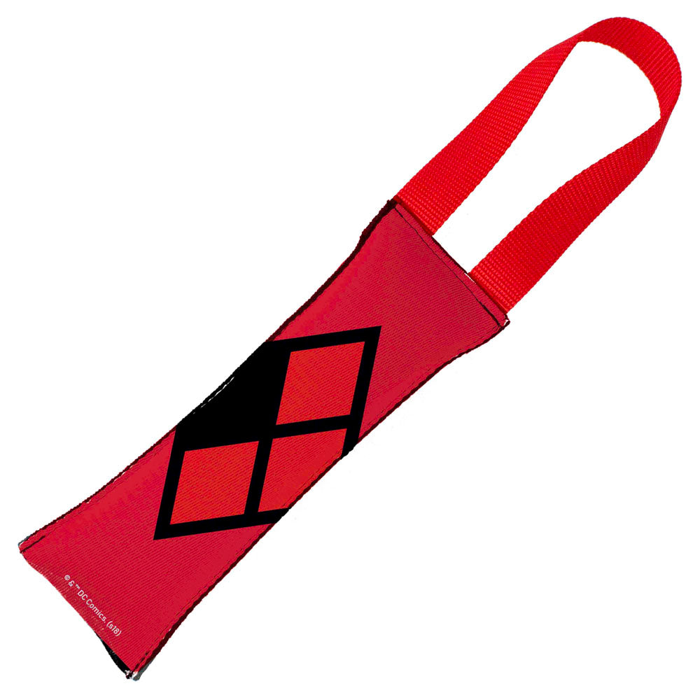 Dog Toy Squeaky Tug Toy - Harley Quinn Face + Diamond Icon CLOSE-UP Black Red - RED Webbing Dog Toy Squeaky Tug Toy DC Comics   